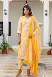 Yellow V-neck Floral Print Kurta Set with Trousers and Dupatta Yellow V-neck Floral Print Kurta Set with Trousers and Dupatta