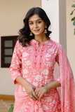 Peach Plackett Design Cotton Kurta Set with Trousers and Dupatta Peach Plackett Design Cotton Kurta Set with Trousers and Dupatta