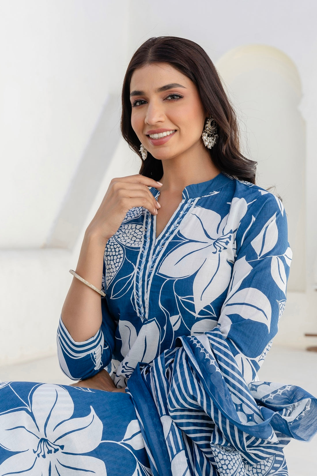 Blue Floral Print Plackett Highlight Collar Kurta Set with Trousers and Dupatta Blue Floral Print Plackett Highlight Collar Kurta Set with Trousers and Dupatta