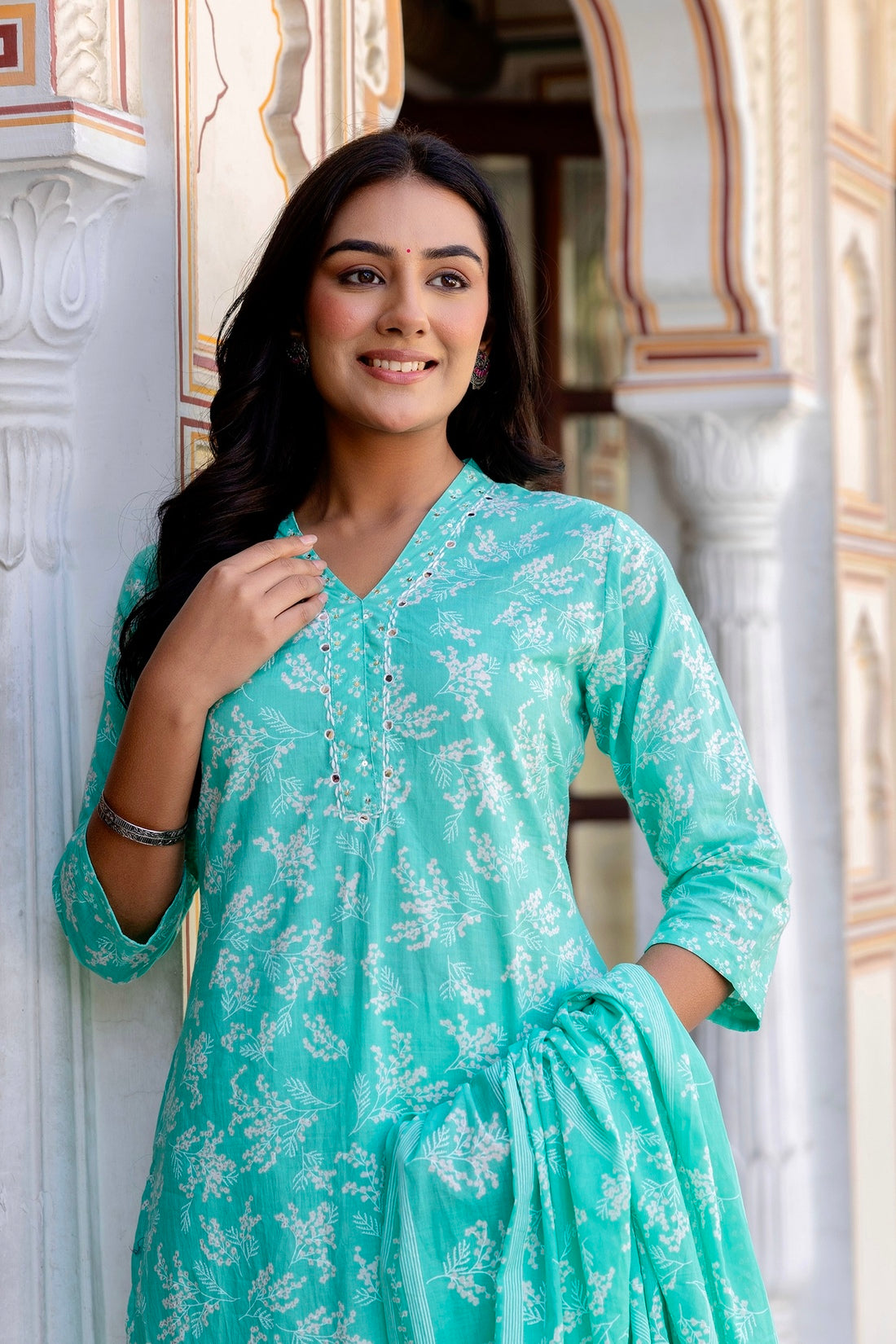 Sea Green Mirrorwork Floral Kurta Set with Trousers and Dupatta Sea Green Mirrorwork Floral Kurta Set with Trousers and Dupatta