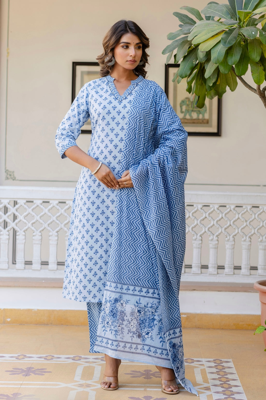 Blue Motif Printed Collar Neck Kurta Set with Trousers and Dupatta Blue Motif Printed Collar Neck Kurta Set with Trousers and Dupatta