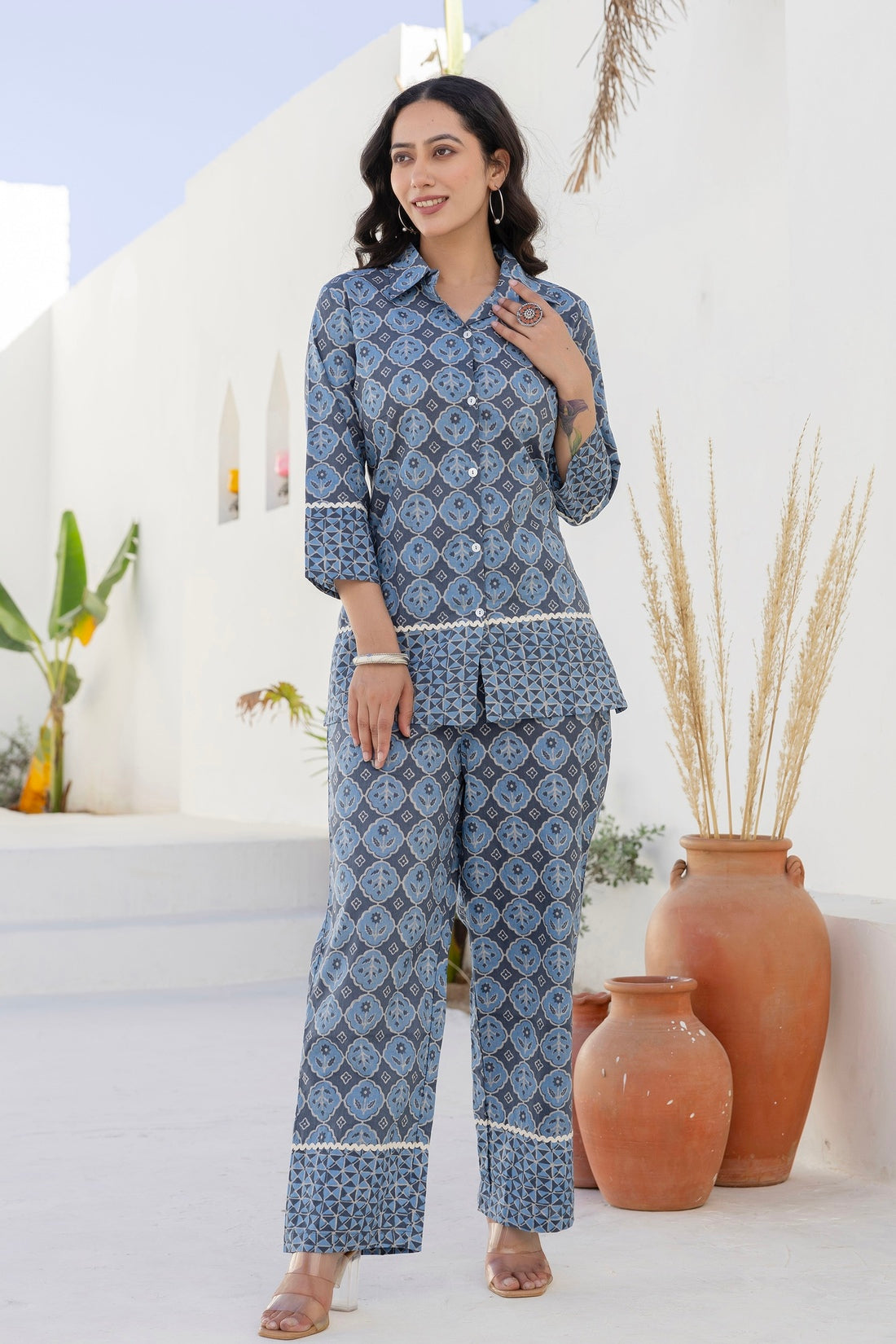 Vega - Blue Lace Details Shirt with Wide Pants Coord Set Vega - Blue Lace Details Shirt with Wide Pants Coord Set