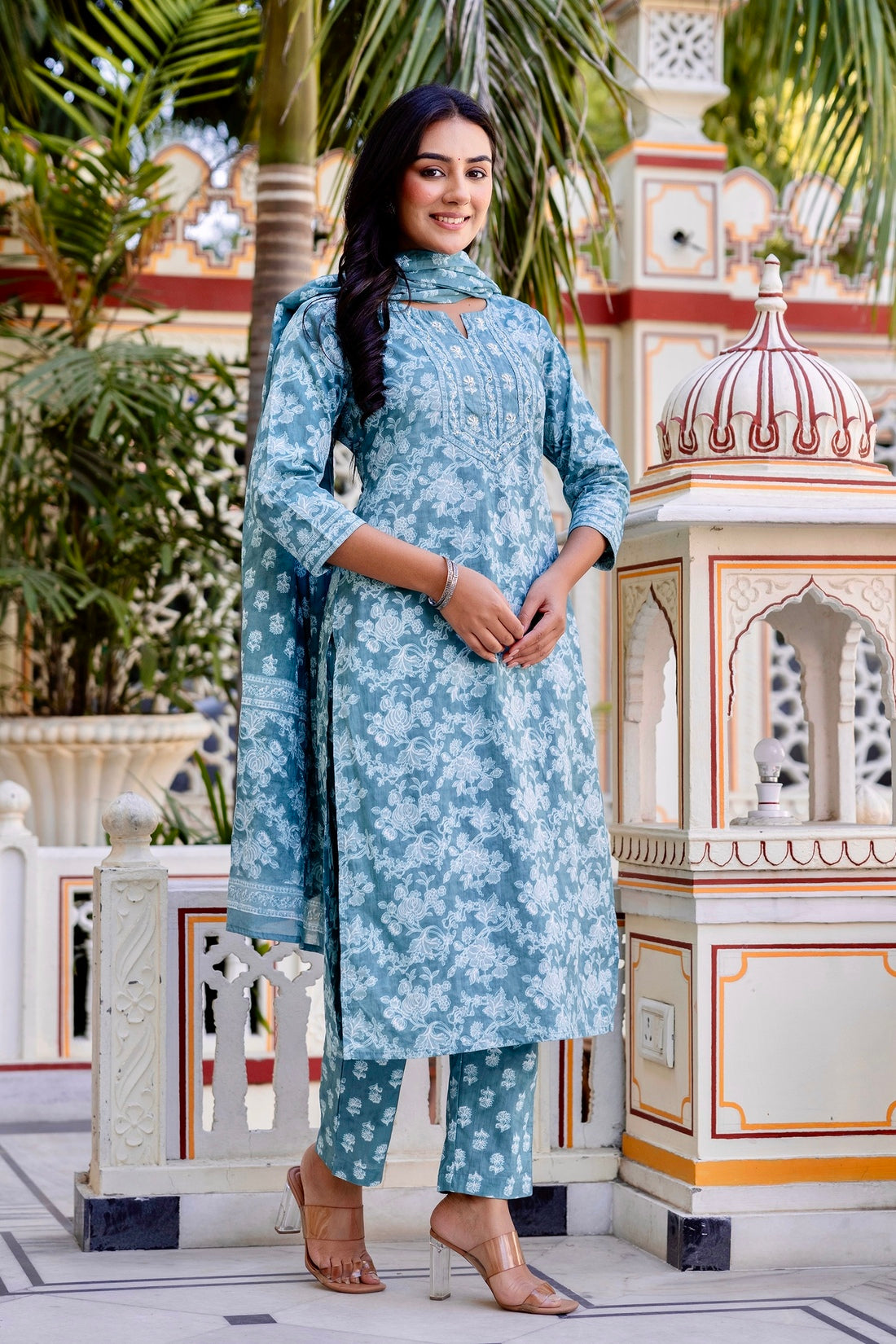 Sea Green Threadwork Highlight Cotton Kurta Set with Trousers and Dupatta Sea Green Threadwork Highlight Cotton Kurta Set with Trousers and Dupatta