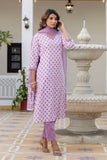 Lavender Motif Printed Collar Neck Kurta Set with Trousers and Dupatta Lavender Motif Printed Collar Neck Kurta Set with Trousers and Dupatta