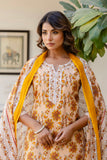 Yellow Stripes with Floral Printed Cotton Kurta Set with Trousers and Dupatta Yellow Stripes with Floral Printed Cotton Kurta Set with Trousers and Dupatta