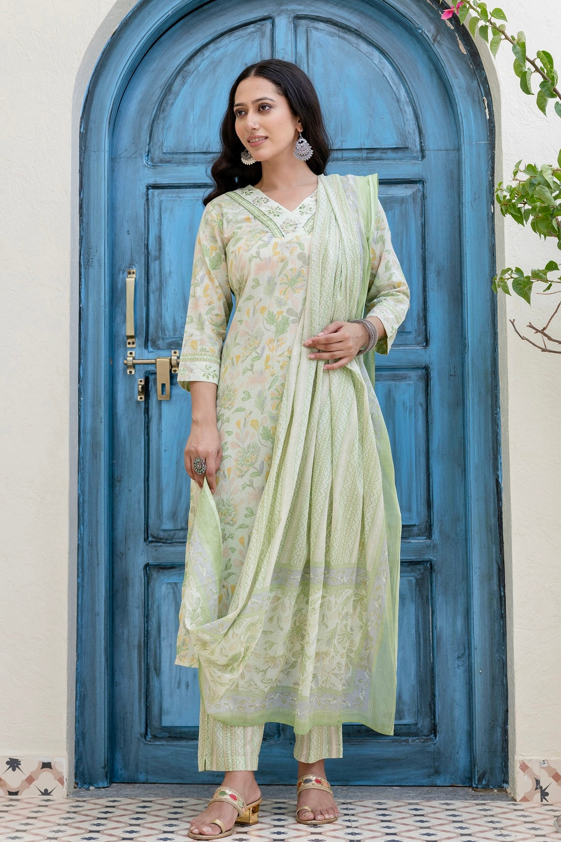 Pastel Green V-neck Floral Print Kurta Set with Trousers and Dupatta Pastel Green V-neck Floral Print Kurta Set with Trousers and Dupatta