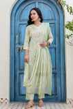 Pastel Green V-neck Floral Print Kurta Set with Trousers and Dupatta Pastel Green V-neck Floral Print Kurta Set with Trousers and Dupatta