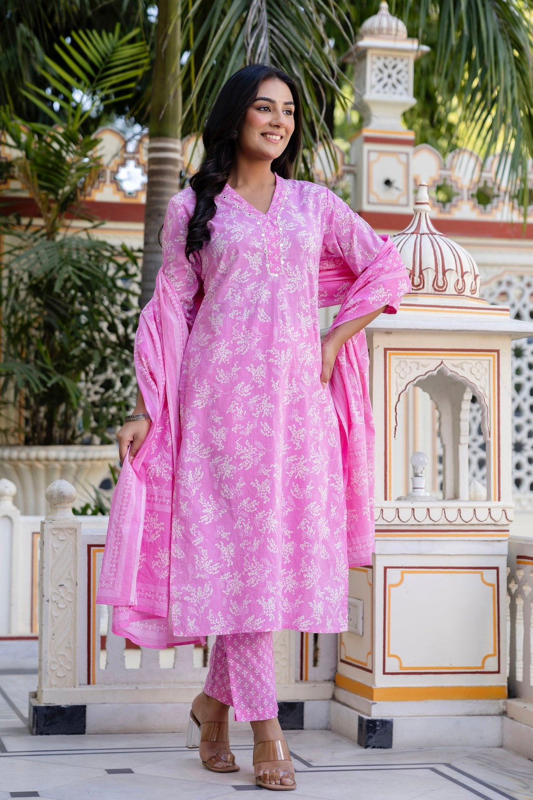 Pink Mirrorwork Floral Kurta Set with Trousers and Dupatta Pink Mirrorwork Floral Kurta Set with Trousers and Dupatta