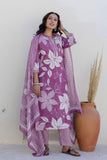 Purple Floral Print Plackett Highlight Collar Kurta Set with Trousers and Dupatta Purple Floral Print Plackett Highlight Collar Kurta Set with Trousers and Dupatta