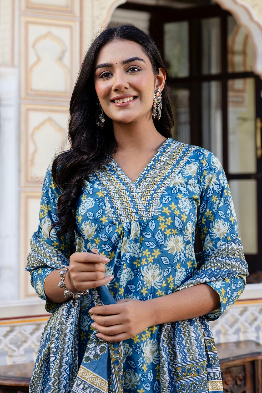 Teal Blue Front Pleats Design Cotton Kurta Set with Trousers and Dupatta Teal Blue Front Pleats Design Cotton Kurta Set with Trousers and Dupatta
