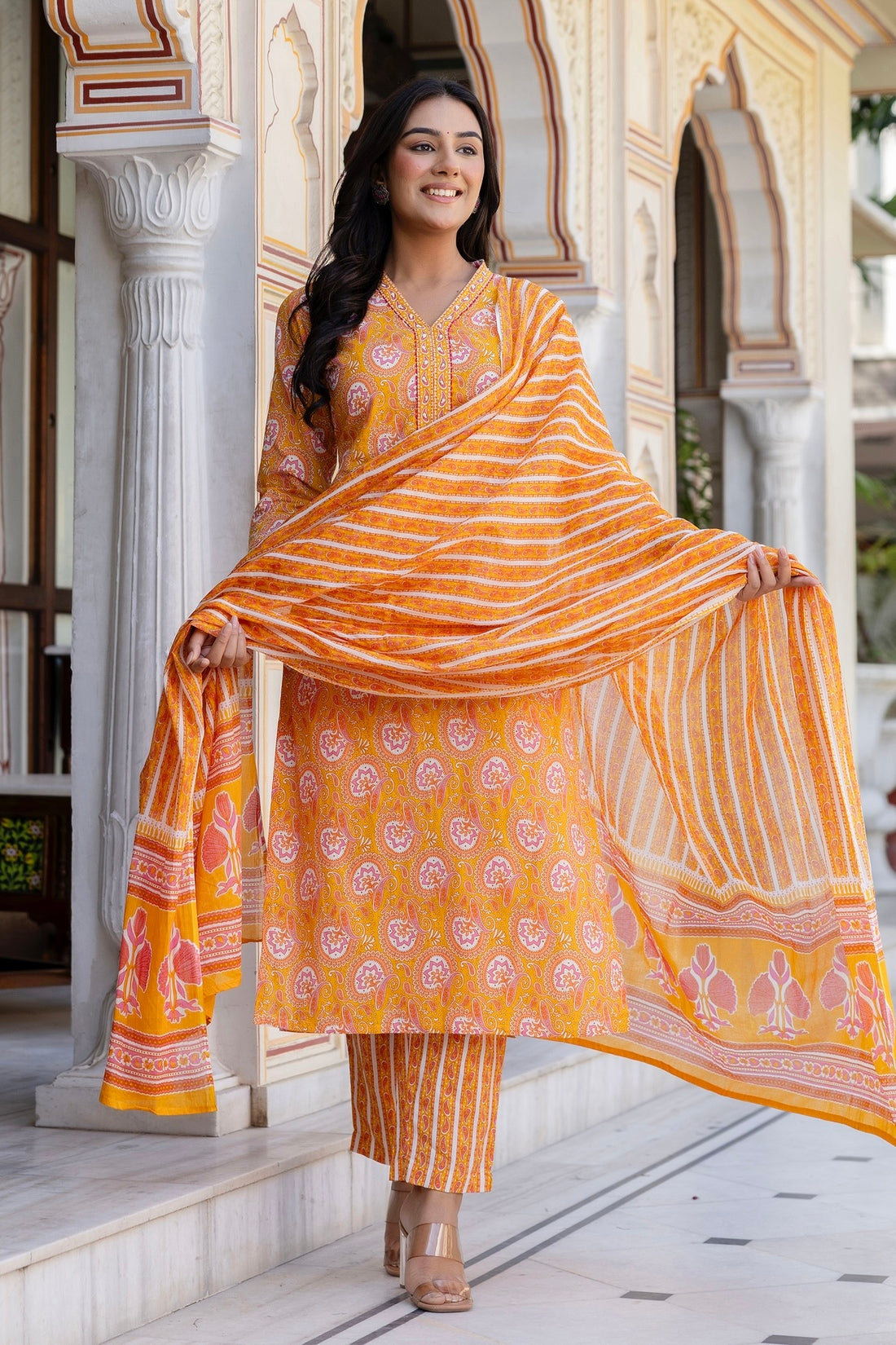Deep Yellow Collar Neck Cotton Kurta Set with Trousers and Dupatta Deep Yellow Collar Neck Cotton Kurta Set with Trousers and Dupatta
