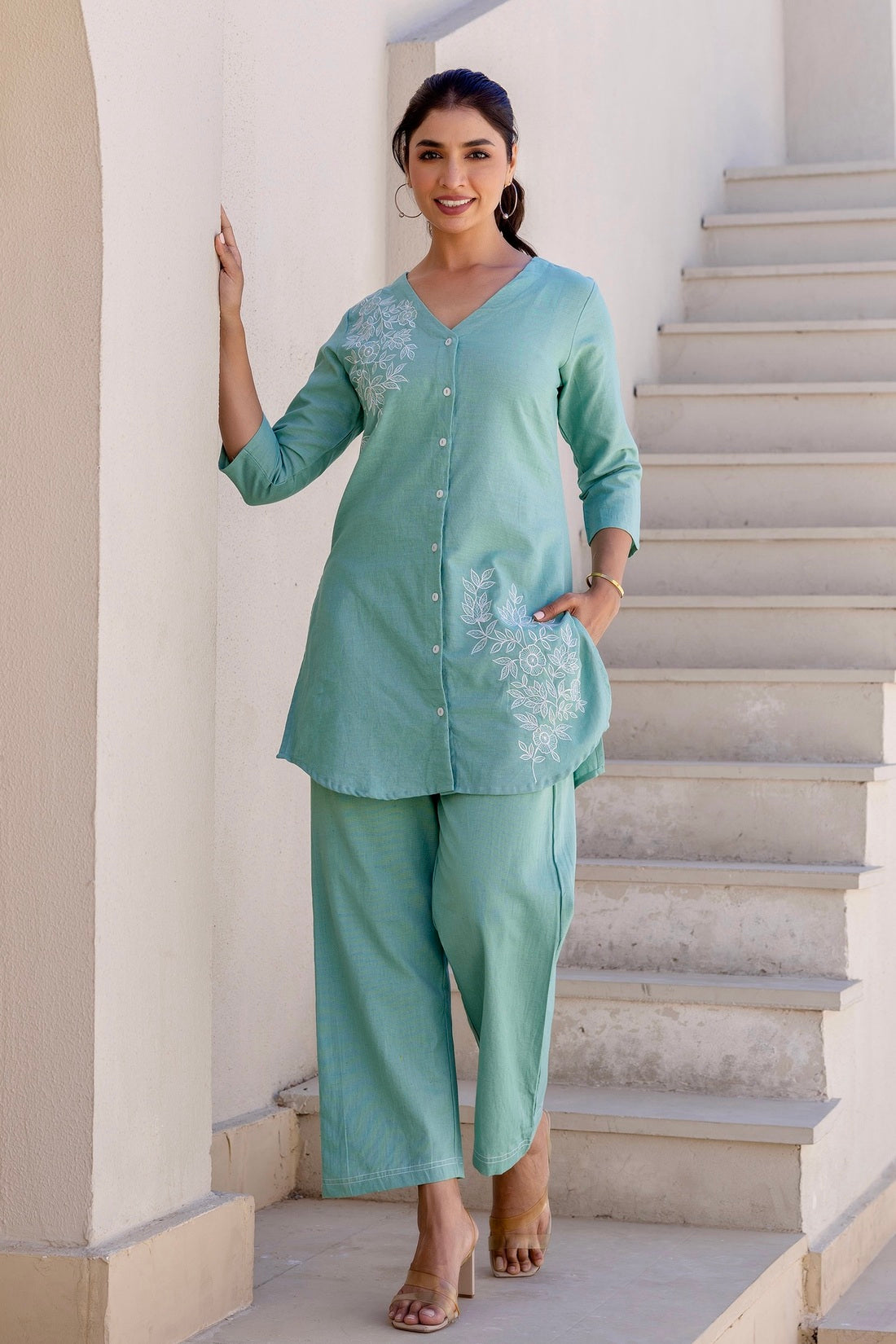 Damaris - Sage Green Cotton Flex Solid Embroidered Coord Set Damaris - Sage Green Cotton Flex Solid Embroidered Coord Set