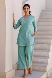 Damaris - Sage Green Cotton Flex Solid Embroidered Coord Set Damaris - Sage Green Cotton Flex Solid Embroidered Coord Set