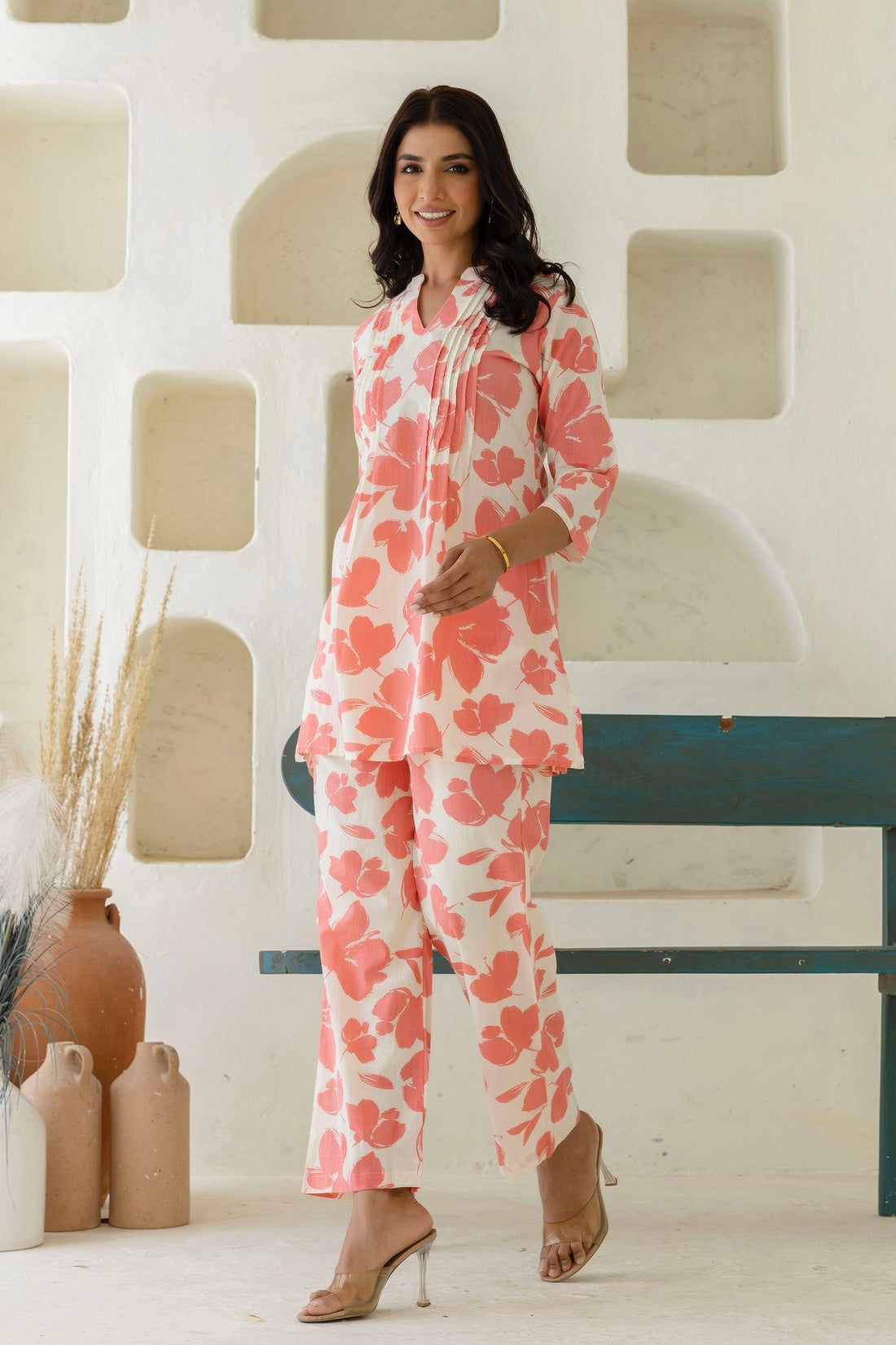 Zafira - Cream And Pink Pintucks Details Kurti with Wide Pants Coord Set Zafira - Cream And Pink Pintucks Details Kurti with Wide Pants Coord Set