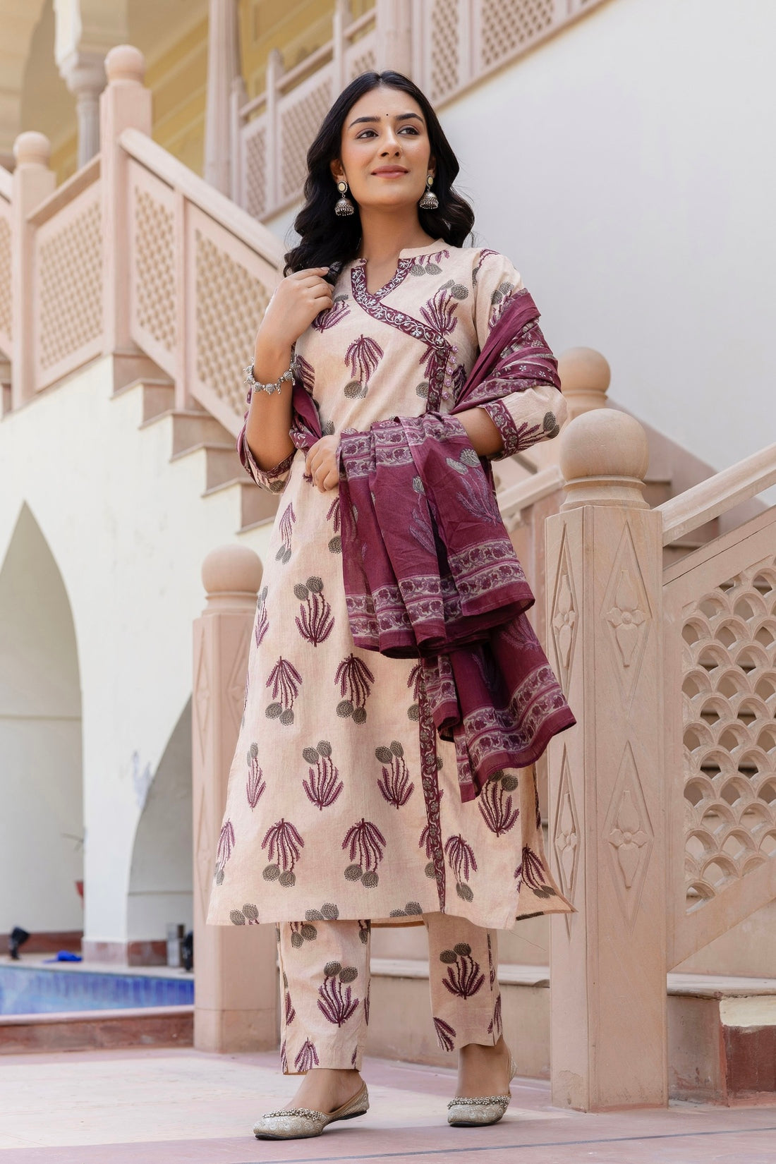 Pink and Cream Angrakha Neckline Kurta Set with Trousers and Dupatta Pink and Cream Angrakha Neckline Kurta Set with Trousers and Dupatta