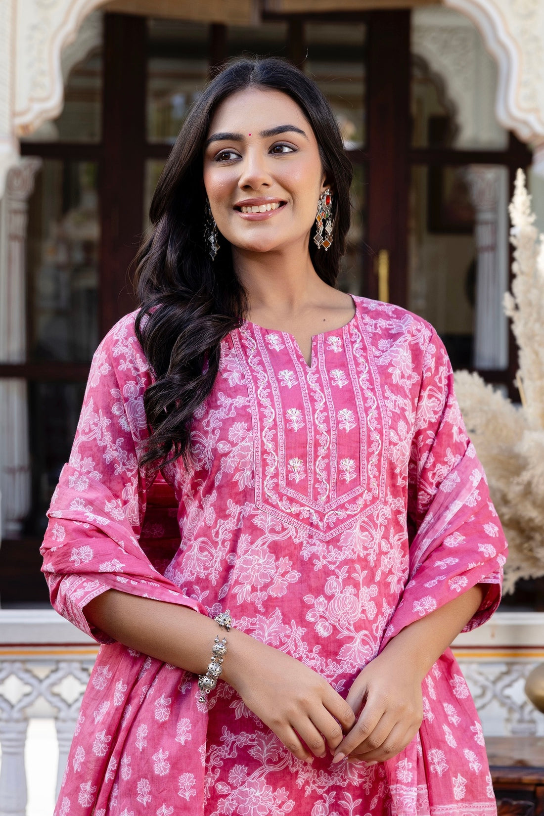 Pink Threadwork Highlight Cotton Kurta Set with Trousers and Dupatta Pink Threadwork Highlight Cotton Kurta Set with Trousers and Dupatta