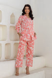 Rowena - Pink Cotton Floral Long Shirt with Wide Pants Coord Set Rowena - Pink Cotton Floral Long Shirt with Wide Pants Coord Set