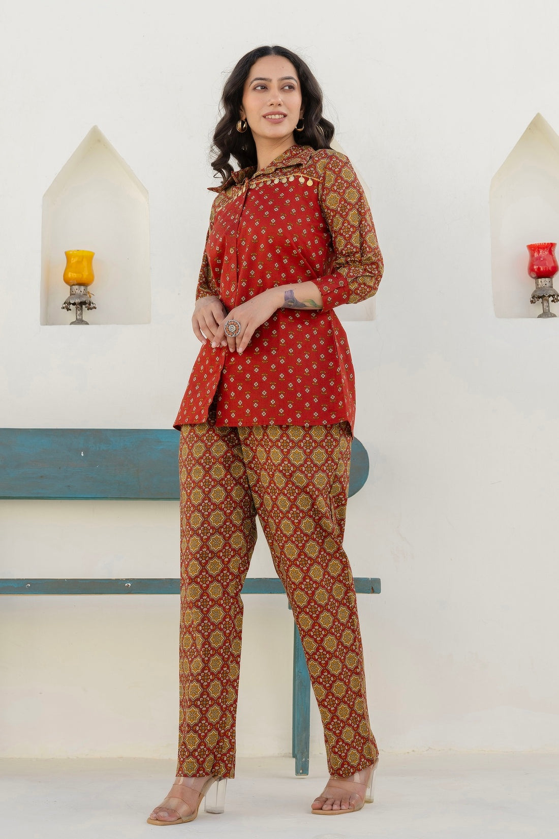 Meira - Rust Embellished Shirt with Contrast Pants Coord Set Meira - Rust Embellished Shirt with Contrast Pants Coord Set