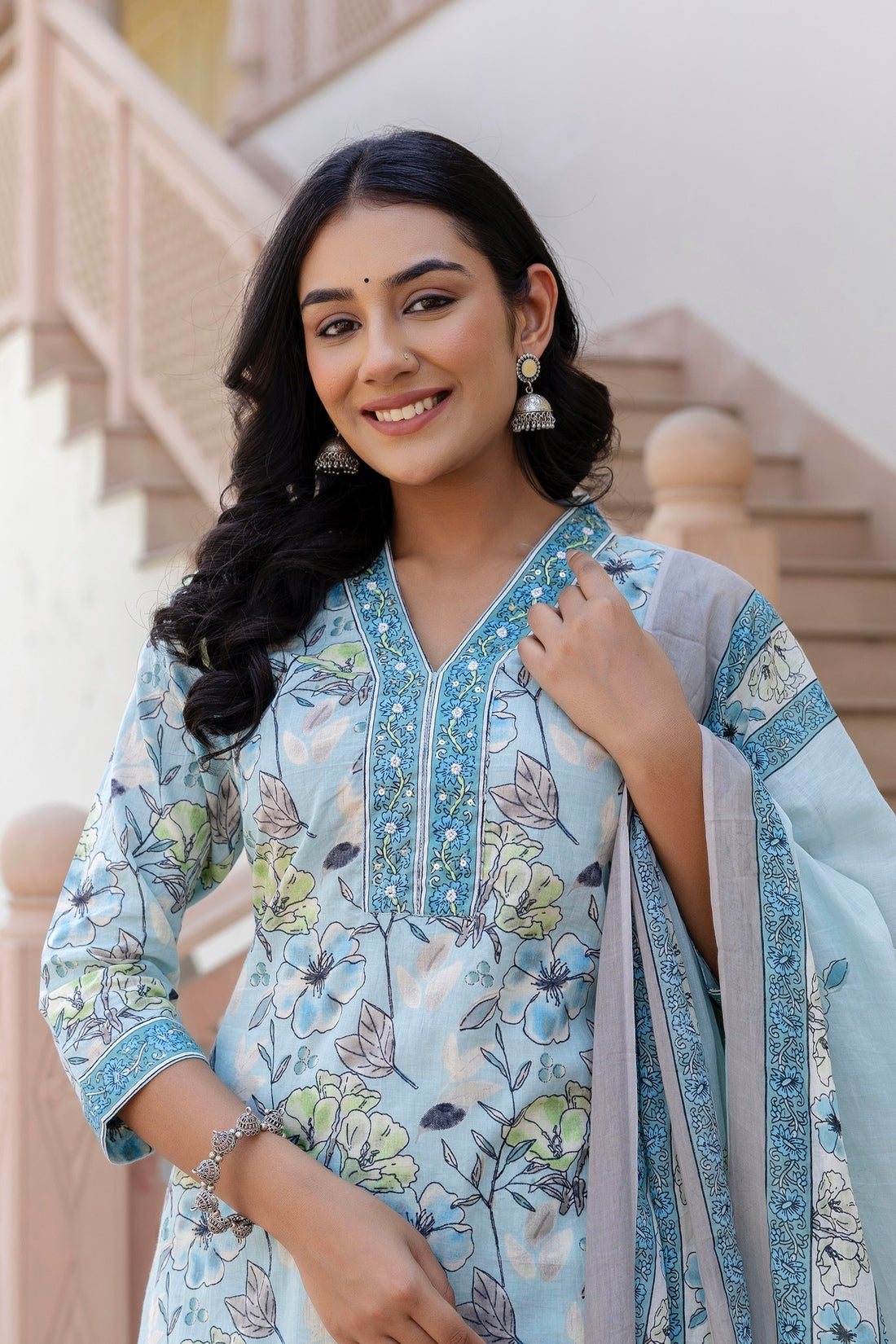 Pastel Blue Collar Neck Floral Kurta Set with Trousers and Dupatta Pastel Blue Collar Neck Floral Kurta Set with Trousers and Dupatta