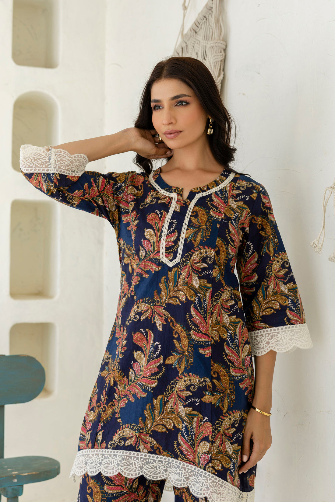 Azura - Blue Cotton A-line Kurti with Wide Pants Coord Set Azura - Blue Cotton A-line Kurti with Wide Pants Coord Set