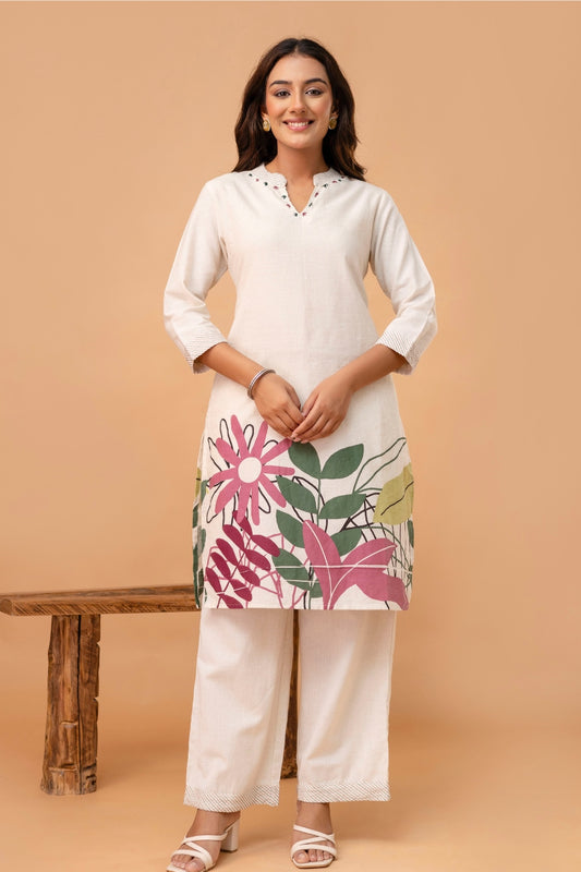 Off White Floral Print Kurti with Wide Leg Trousers Coord Set