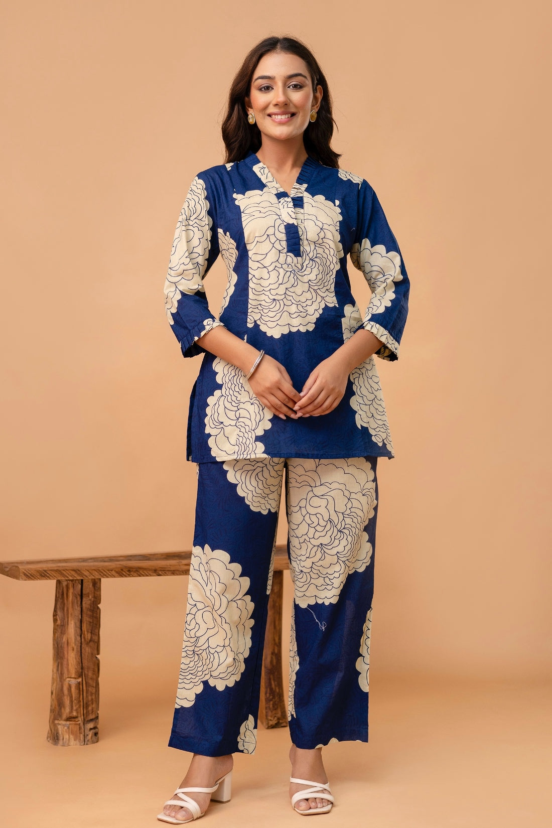 Navy Blue Floral Print Kurti with Wide Leg Trousers Coord Set Navy Blue Floral Print Kurti with Wide Leg Trousers Coord Set