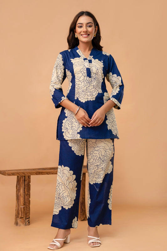 Navy Blue Floral Print Kurti with Wide Leg Trousers Coord Set