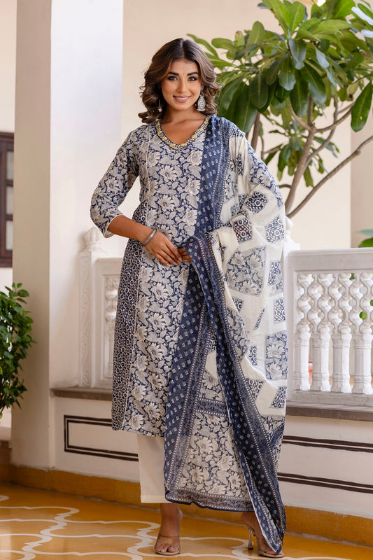 White and Blue Side Pleated Kurta Set with Trousers and Dupatta