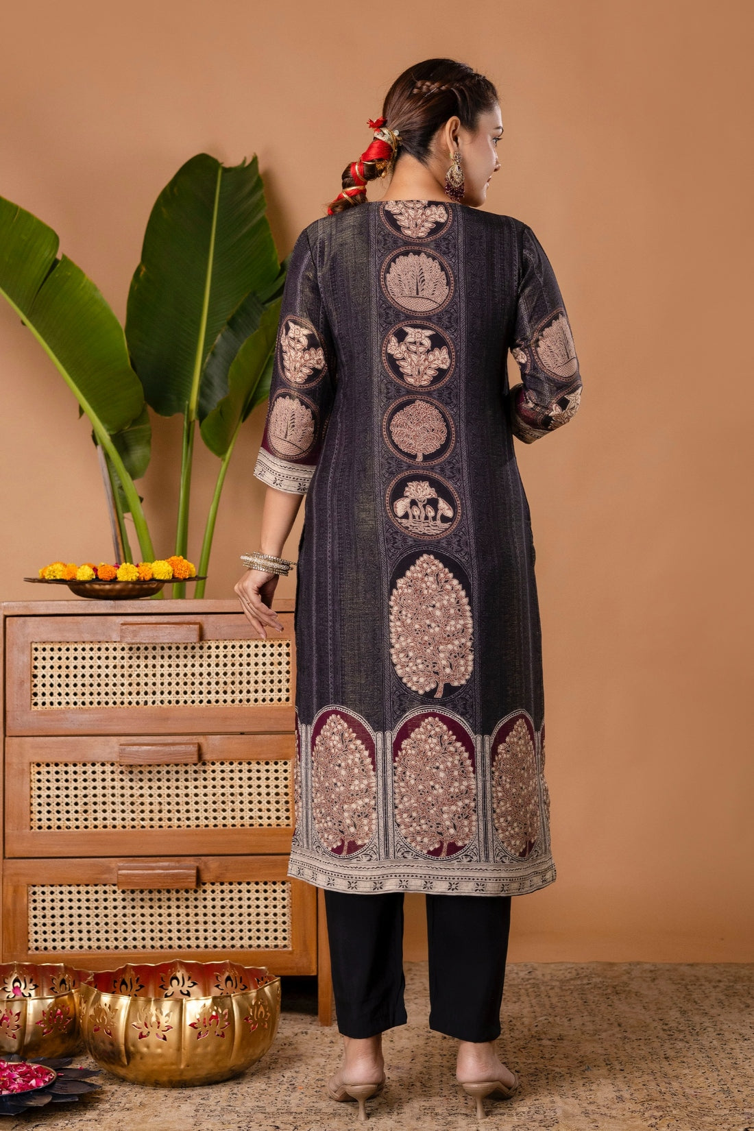 Black and Burgundy Tissue Silk Lined Festive Kurta Set with Trousers and Dupatta Black and Burgundy Tissue Silk Lined Festive Kurta Set with Trousers and Dupatta