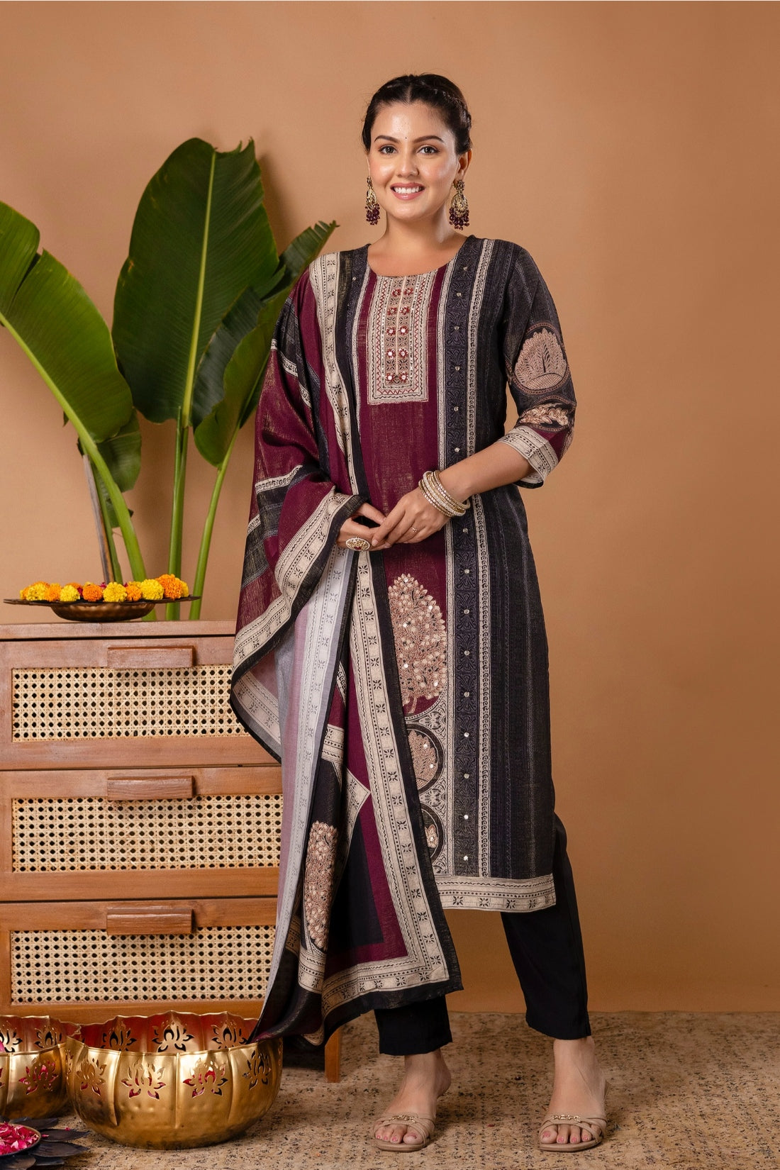 Black and Burgundy Tissue Silk Lined Festive Kurta Set with Trousers and Dupatta Black and Burgundy Tissue Silk Lined Festive Kurta Set with Trousers and Dupatta