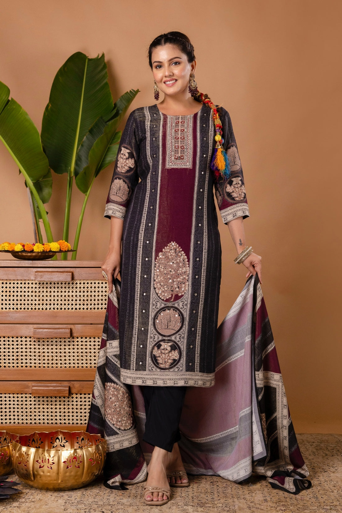 Black and Burgundy Tissue Silk Lined Festive Kurta Set with Trousers and Dupatta Black and Burgundy Tissue Silk Lined Festive Kurta Set with Trousers and Dupatta