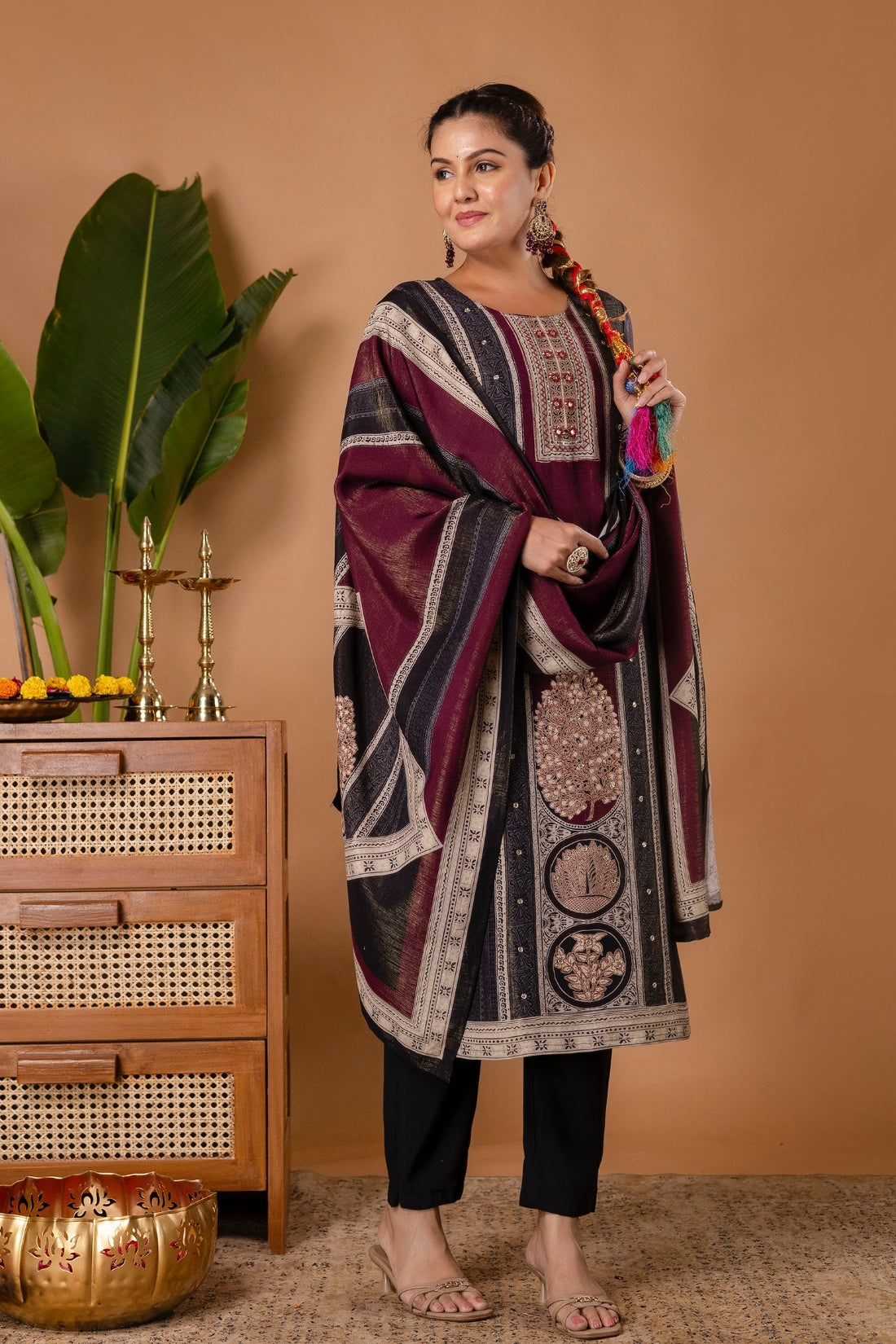 Black and Burgundy Tissue Silk Lined Festive Kurta Set with Trousers and Dupatta Black and Burgundy Tissue Silk Lined Festive Kurta Set with Trousers and Dupatta