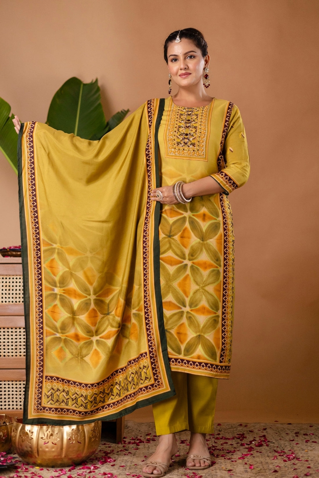 Yellow Festive Yoke Design Viscose Kurta Set with Trousers and Dupatta Yellow Festive Yoke Design Viscose Kurta Set with Trousers and Dupatta