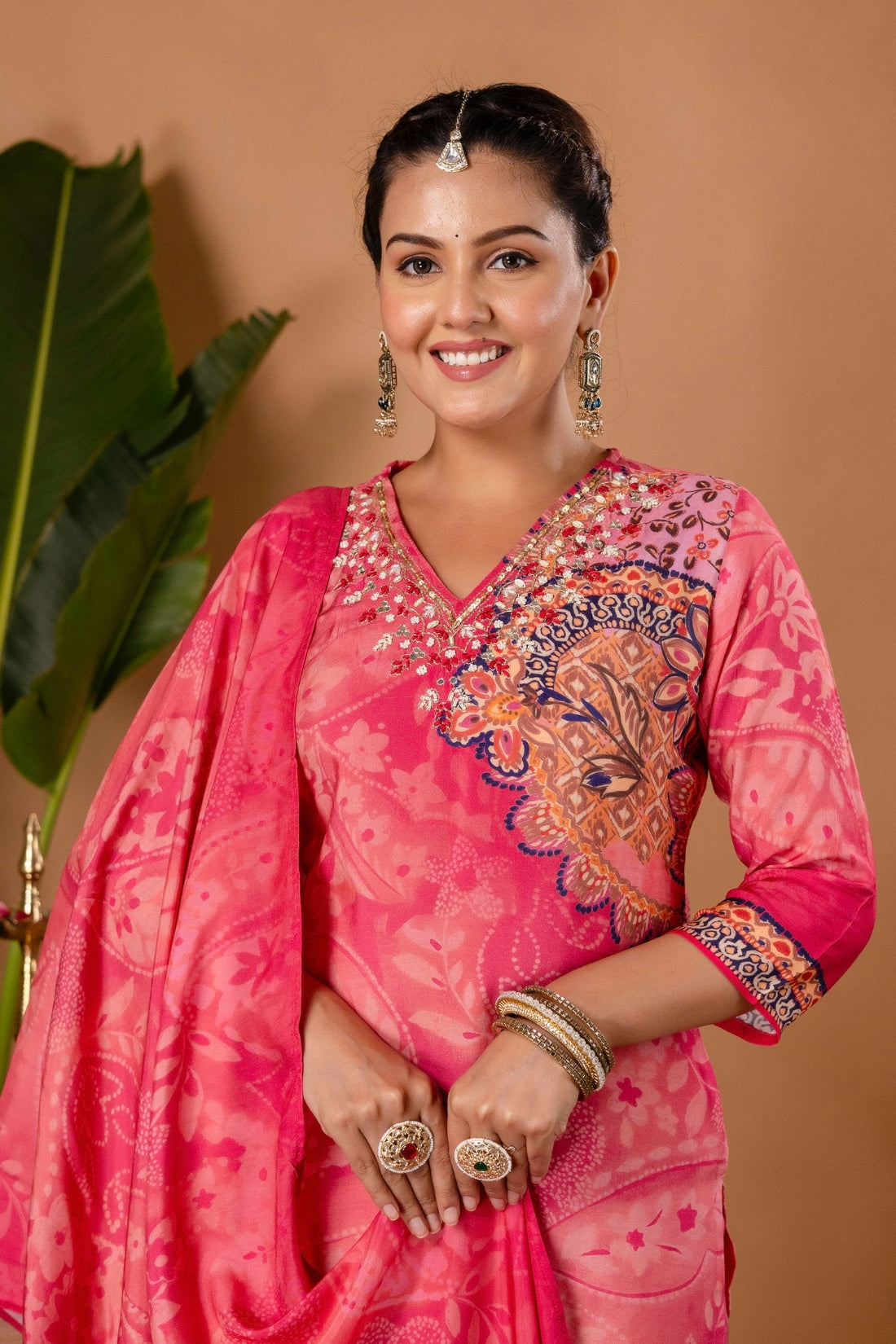 Pink Festive Viscose Hand Embroidered Kurta Set with Trousers and Dupatta Pink Festive Viscose Hand Embroidered Kurta Set with Trousers and Dupatta