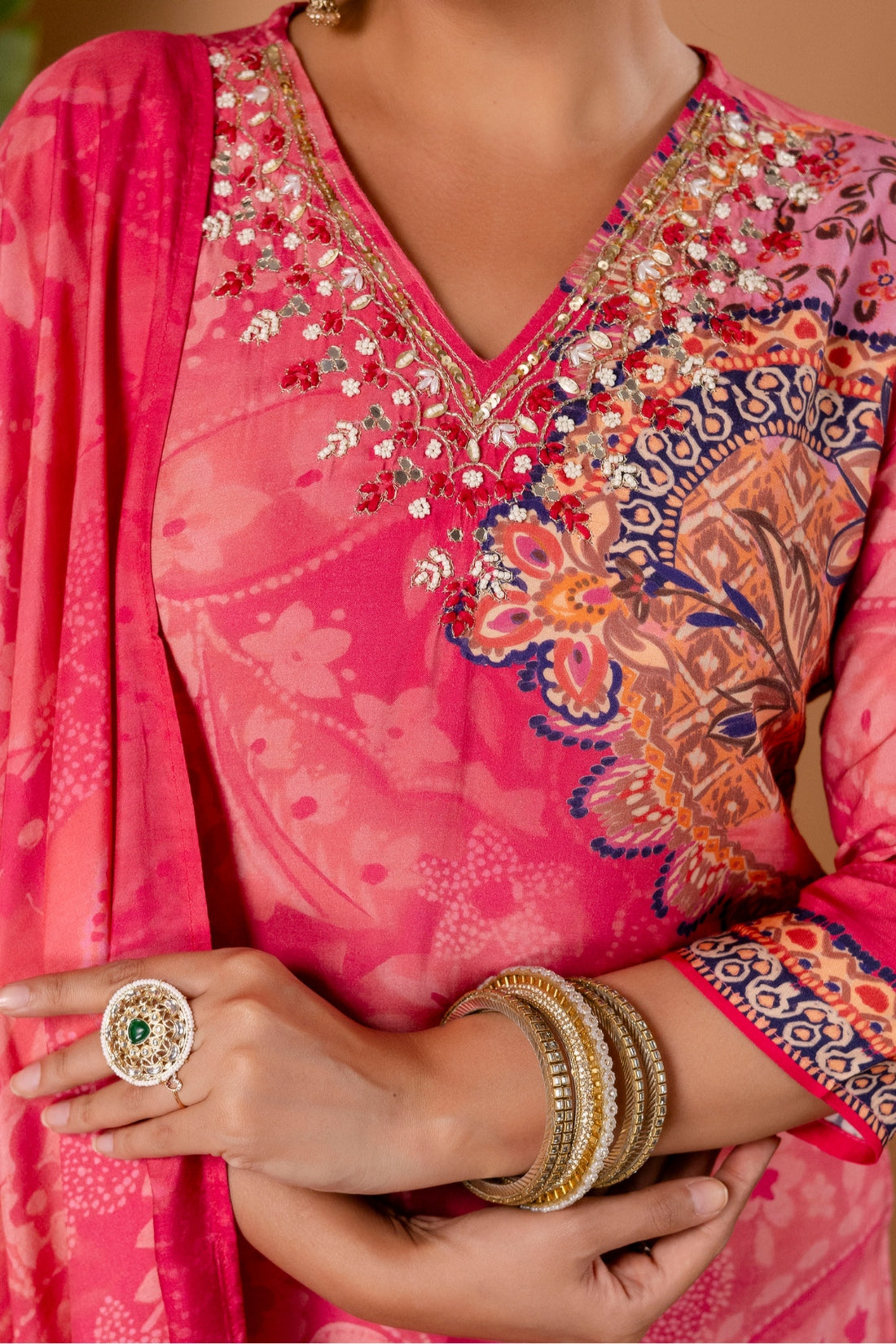 Pink Festive Viscose Hand Embroidered Kurta Set with Trousers and Dupatta Pink Festive Viscose Hand Embroidered Kurta Set with Trousers and Dupatta