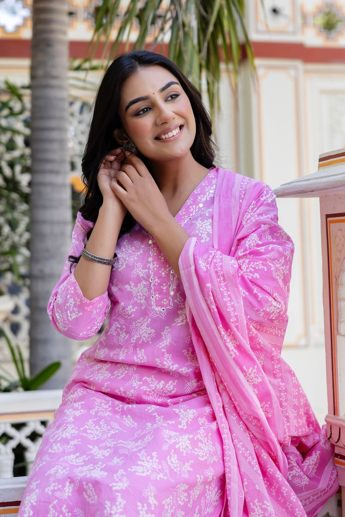 Pink Mirrorwork Floral Kurta Set with Trousers and Dupatta Pink Mirrorwork Floral Kurta Set with Trousers and Dupatta
