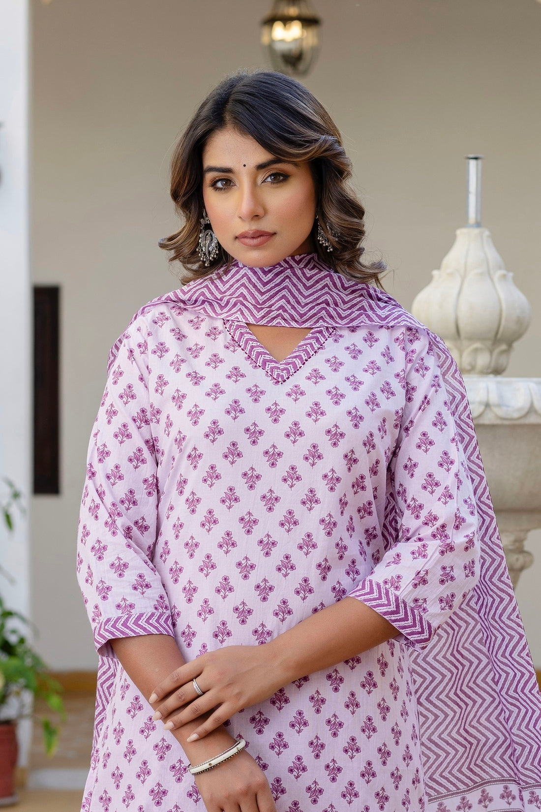 Lavender Motif Printed Collar Neck Kurta Set with Trousers and Dupatta Lavender Motif Printed Collar Neck Kurta Set with Trousers and Dupatta