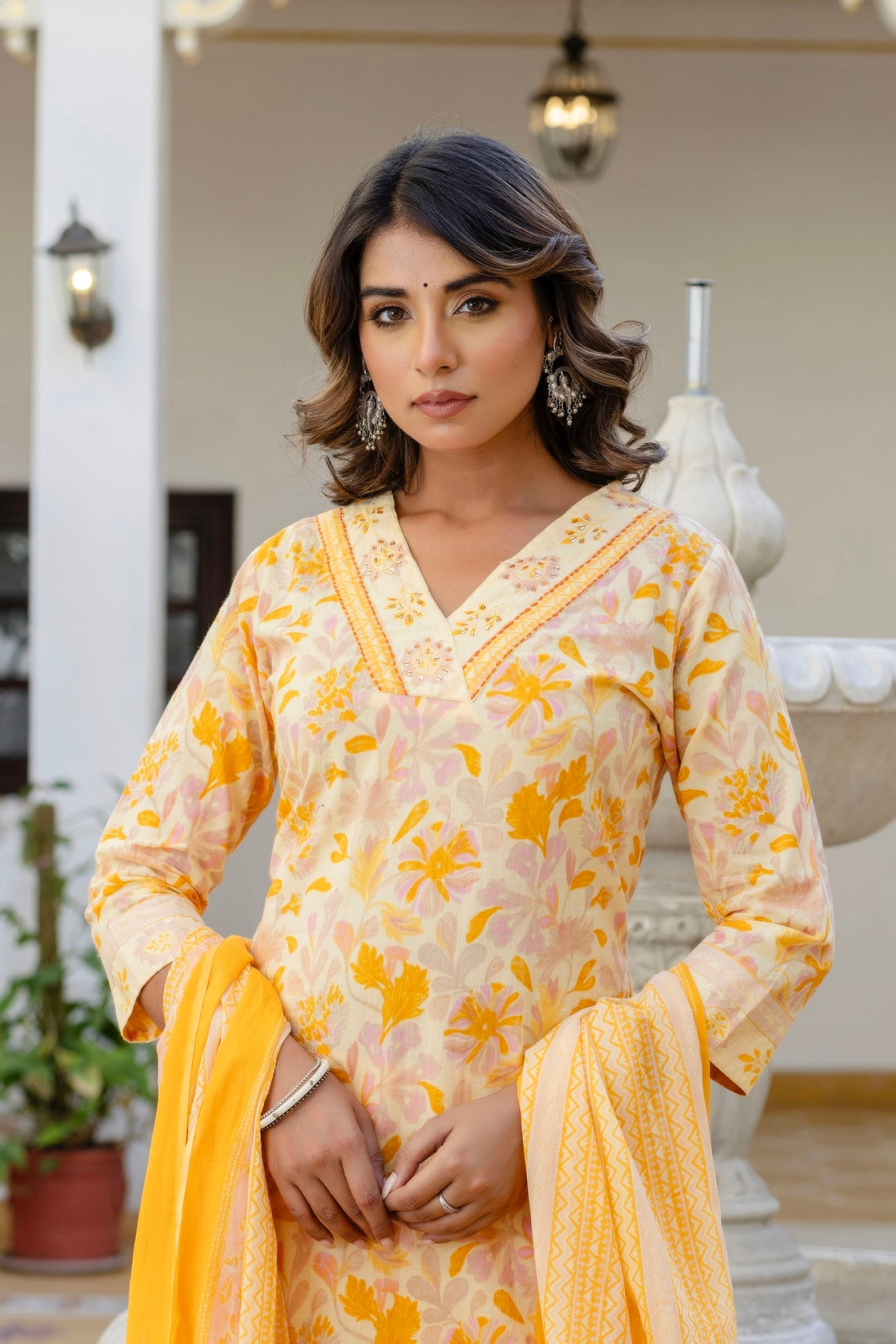 Yellow V-neck Floral Print Kurta Set with Trousers and Dupatta Yellow V-neck Floral Print Kurta Set with Trousers and Dupatta