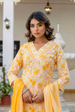 Yellow V-neck Floral Print Kurta Set with Trousers and Dupatta Yellow V-neck Floral Print Kurta Set with Trousers and Dupatta