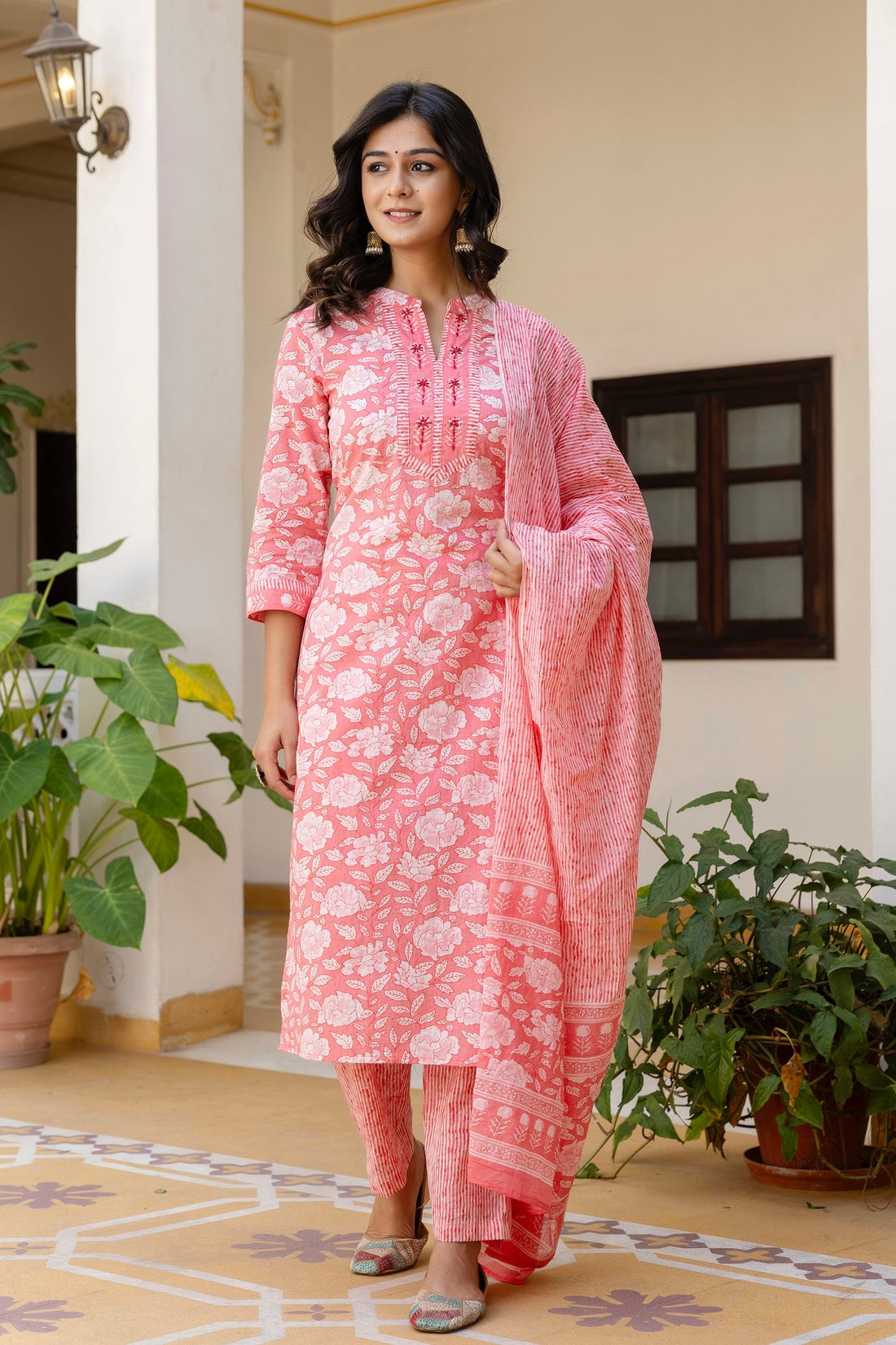 Peach Plackett Design Cotton Kurta Set with Trousers and Dupatta Peach Plackett Design Cotton Kurta Set with Trousers and Dupatta