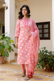 Peach Plackett Design Cotton Kurta Set with Trousers and Dupatta Peach Plackett Design Cotton Kurta Set with Trousers and Dupatta