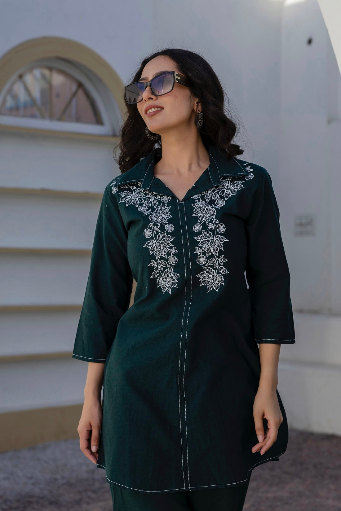 Elara - Bottle Green Cotton Flex Solid Embroidered Coord Set Elara - Bottle Green Cotton Flex Solid Embroidered Coord Set