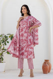Dusty Pink Floral Print Cotton Kurta Set with Trouser and Dupatta Dusty Pink Floral Print Cotton Kurta Set with Trouser and Dupatta