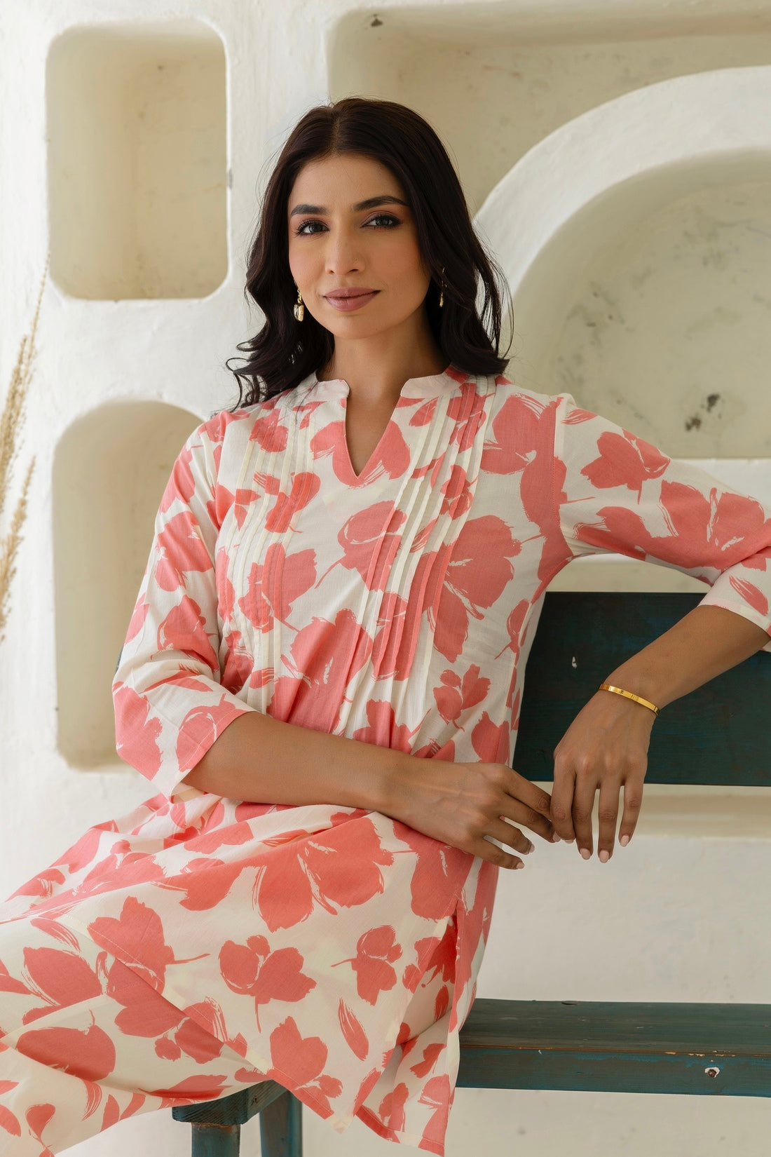 Zafira - Cream And Pink Pintucks Details Kurti with Wide Pants Coord Set Zafira - Cream And Pink Pintucks Details Kurti with Wide Pants Coord Set