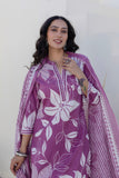 Purple Floral Print Plackett Highlight Collar Kurta Set with Trousers and Dupatta Purple Floral Print Plackett Highlight Collar Kurta Set with Trousers and Dupatta