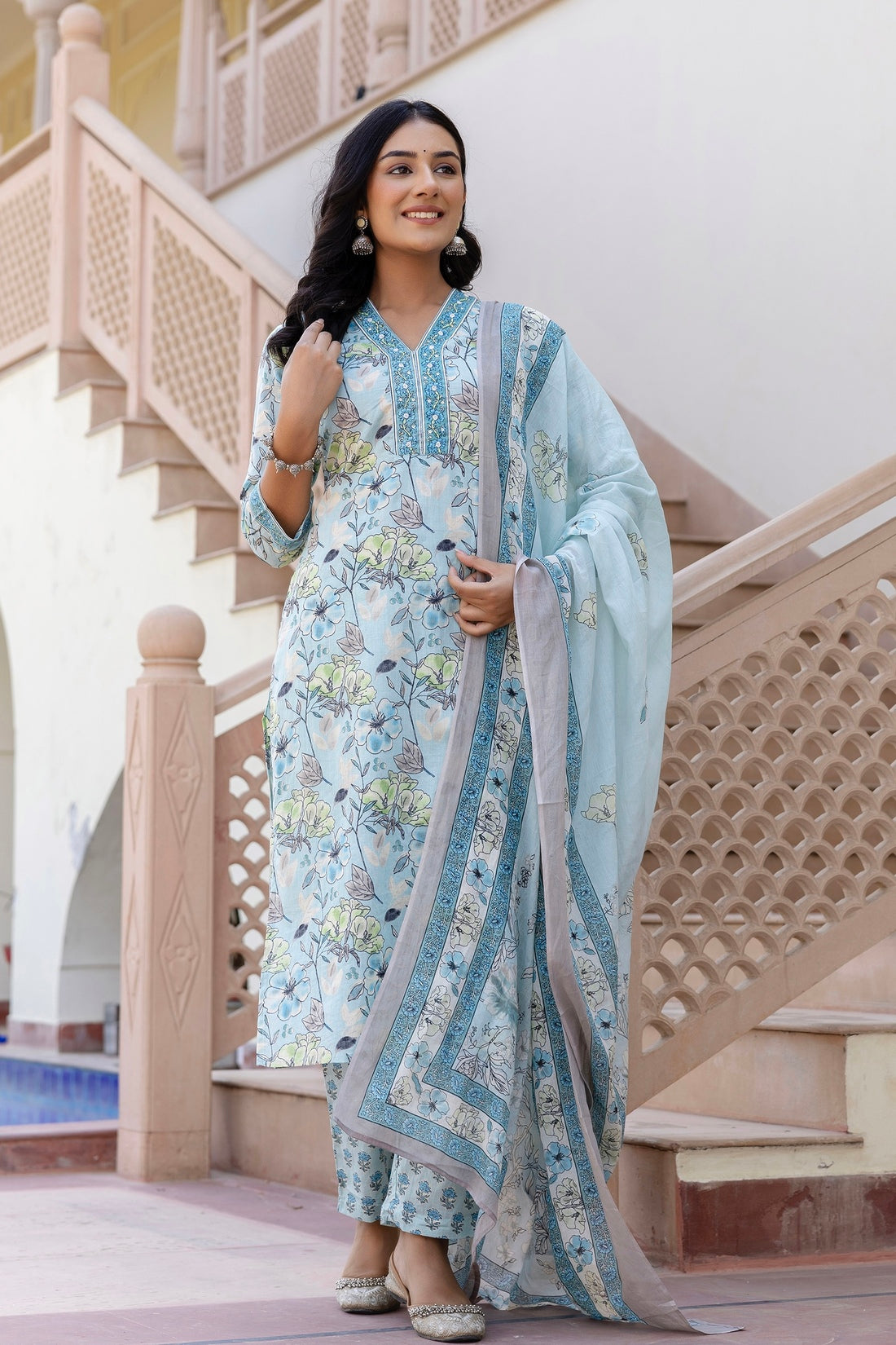 Pastel Blue Collar Neck Floral Kurta Set with Trousers and Dupatta Pastel Blue Collar Neck Floral Kurta Set with Trousers and Dupatta