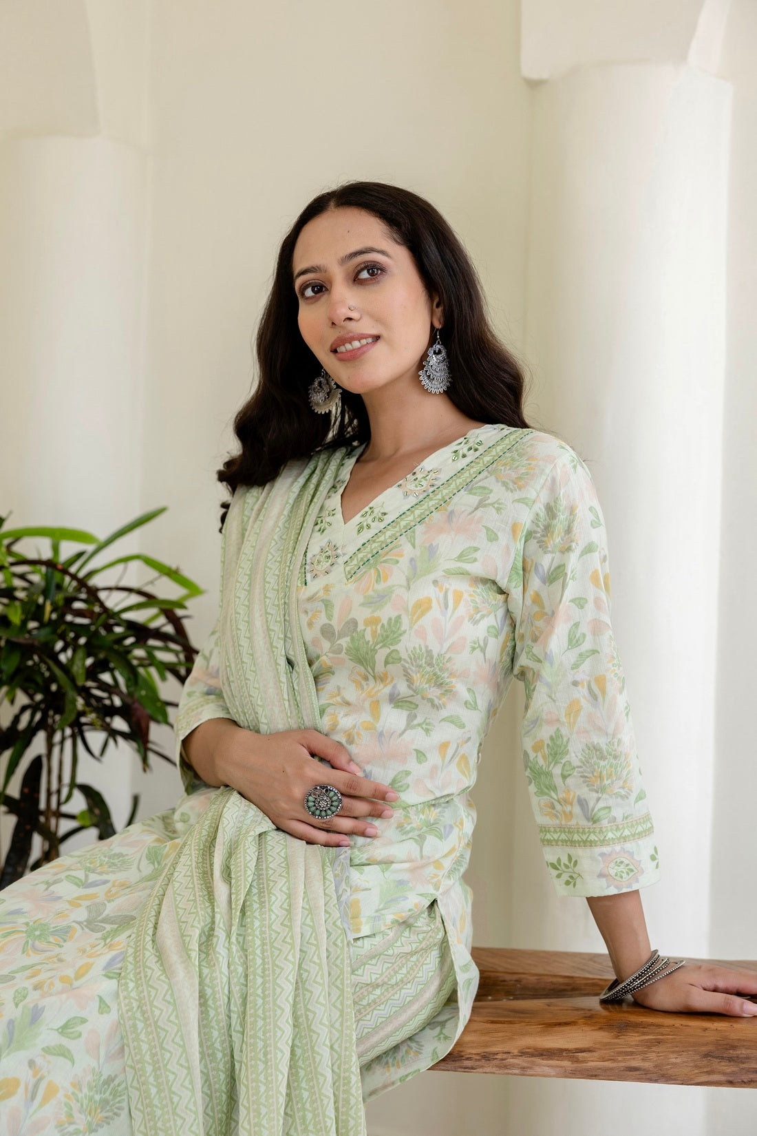 Pastel Green V-neck Floral Print Kurta Set with Trousers and Dupatta Pastel Green V-neck Floral Print Kurta Set with Trousers and Dupatta