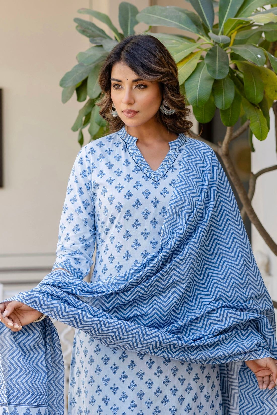 Blue Motif Printed Collar Neck Kurta Set with Trousers and Dupatta Blue Motif Printed Collar Neck Kurta Set with Trousers and Dupatta