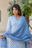Blue Motif Printed Collar Neck Kurta Set with Trousers and Dupatta Blue Motif Printed Collar Neck Kurta Set with Trousers and Dupatta