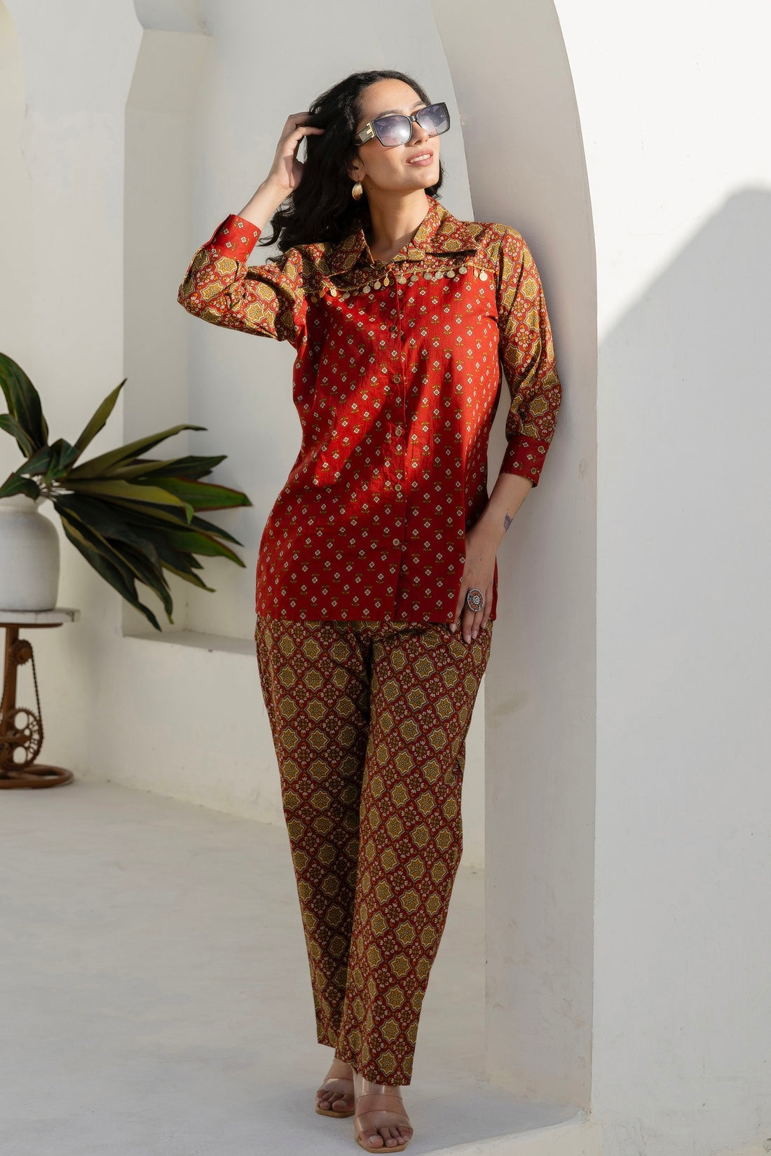 Meira - Rust Embellished Shirt with Contrast Pants Coord Set Meira - Rust Embellished Shirt with Contrast Pants Coord Set